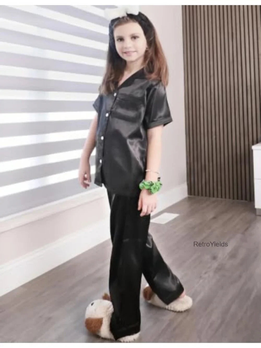Girls 2 Piece Satin Silk Pajama Set Button Down Short Sleeve Sleepwear Lounge